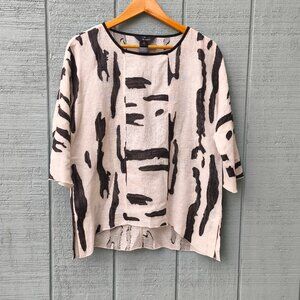 Ali Miles Linen Blend Printed Boxy Tunic sz S Ivory Black Coastal Chic Quiet Lux